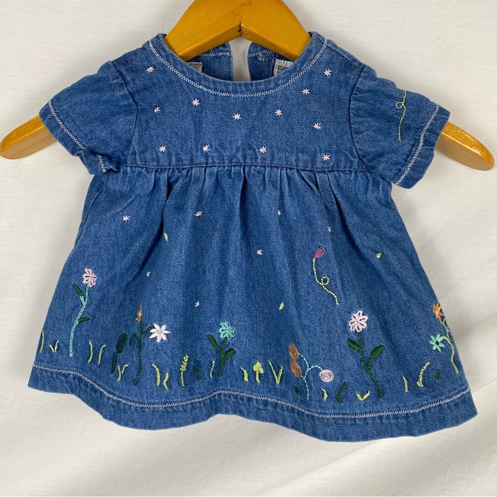 Vintage short sleeve denim dress floral embroidery 6 months